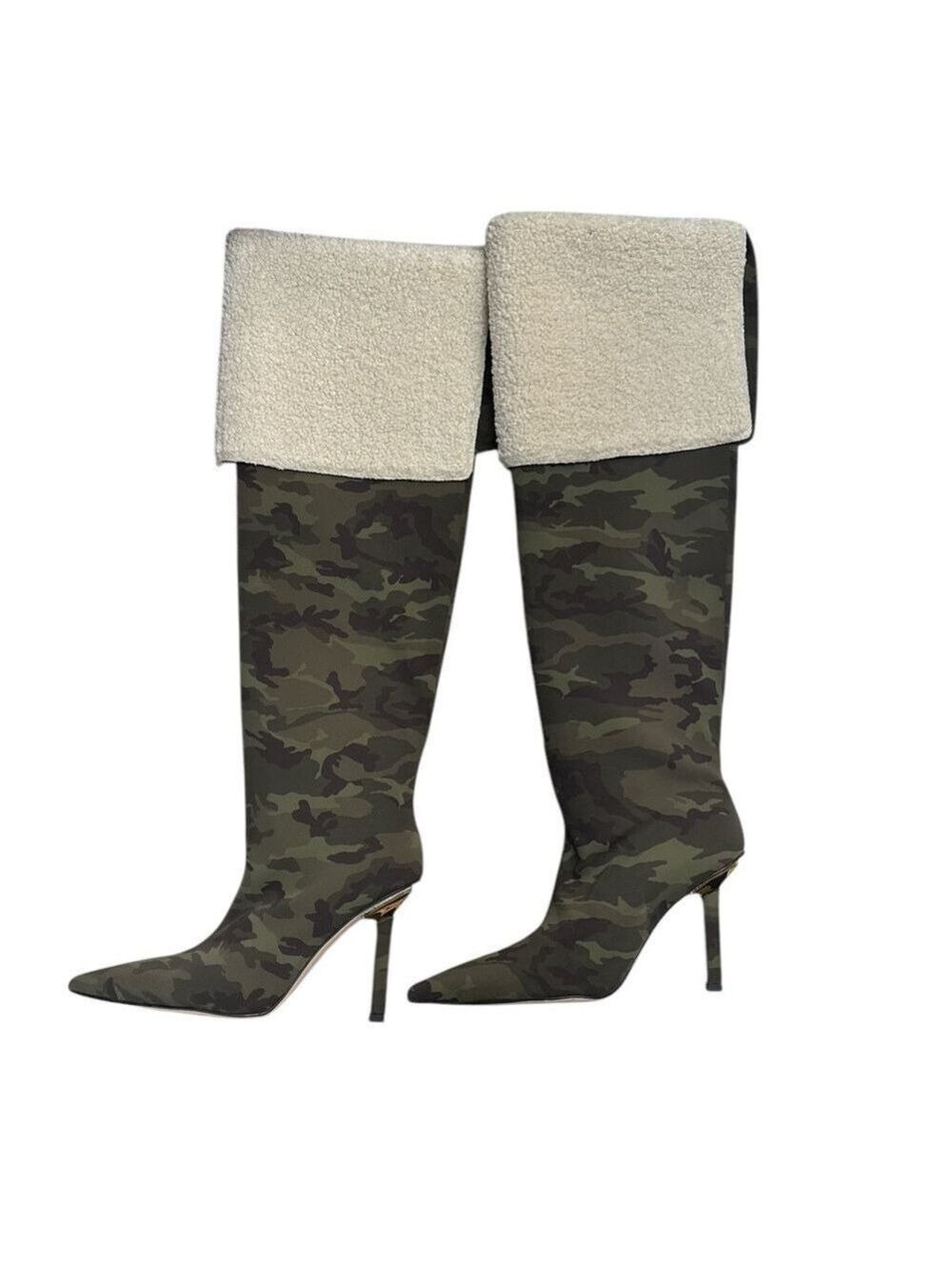 Good American Women's Green Camouflage Faux Sherpa Lined Stiletto Boots Size 9.5